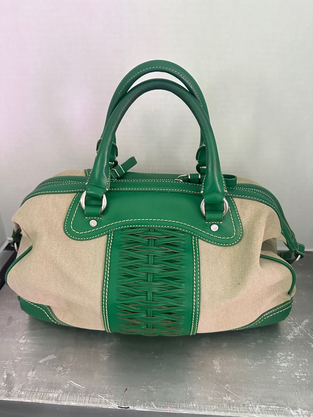 Cole Haan Green and Natural Woven Accent Satchel